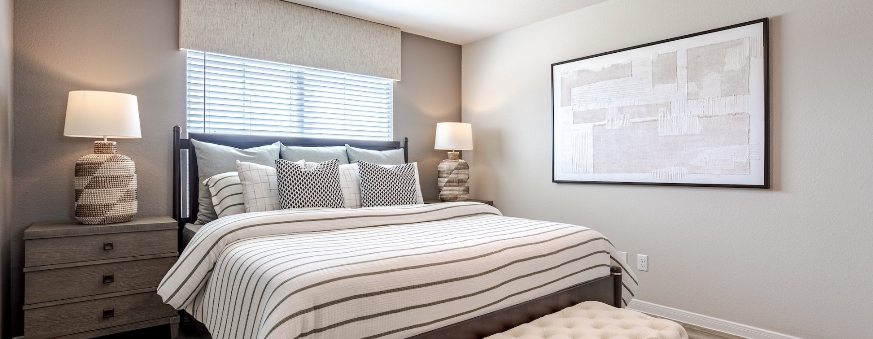 a bedroom with a bed and lamps